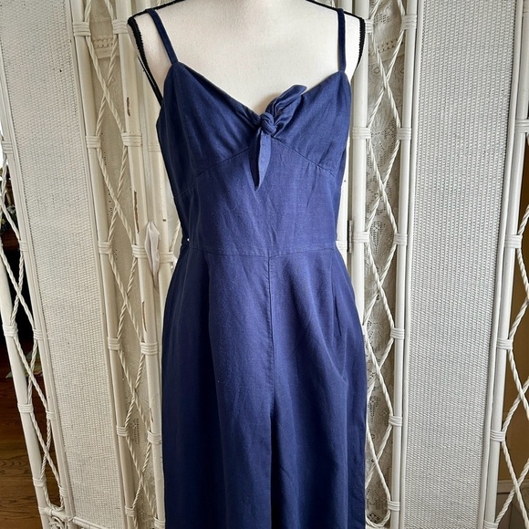 J. Crew Jumpsuit Navy Blue Linen Cotton Tie Front Wide Leg L6968 size 14 - Picture 4 of 16